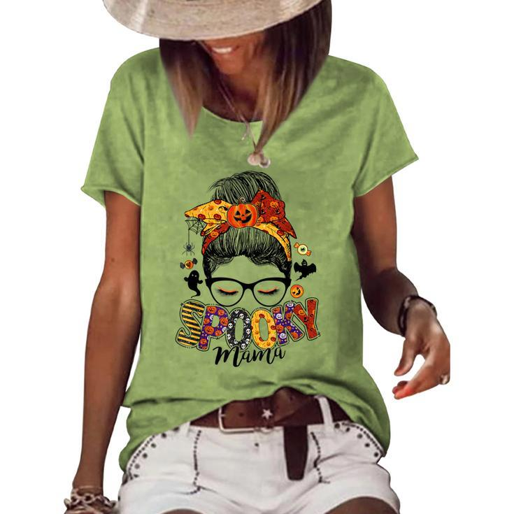 Spooky Mama Messy Bun Skull Mom Monster Bleached Halloween V2 Women's Loose T-shirt