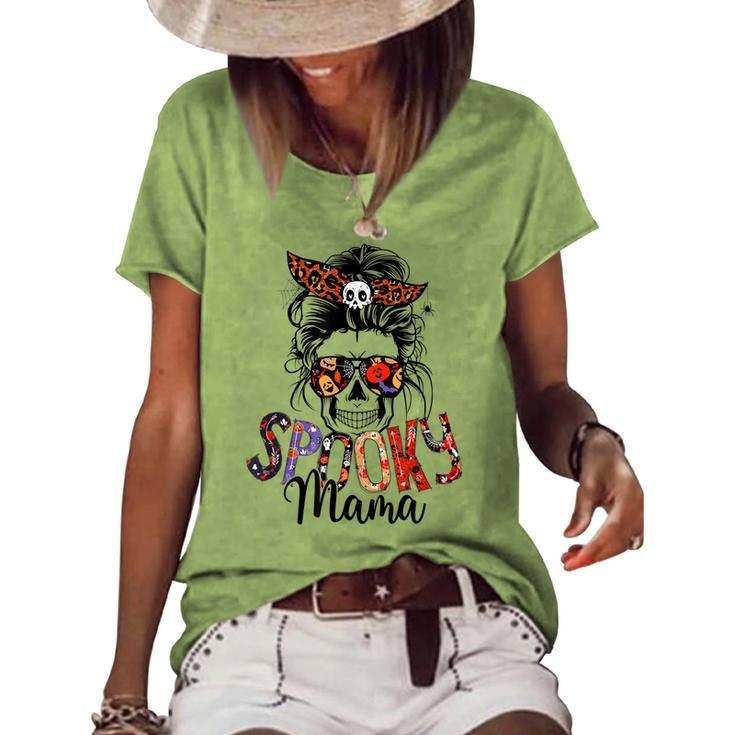 Spooky Mama Skull Halloween Womens Messy Bun Witch Women's Loose T-shirt