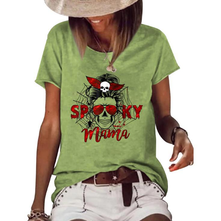 Spooky Mama Skull Witch Women Messy Bun Halloween Costume Women's Loose T-shirt