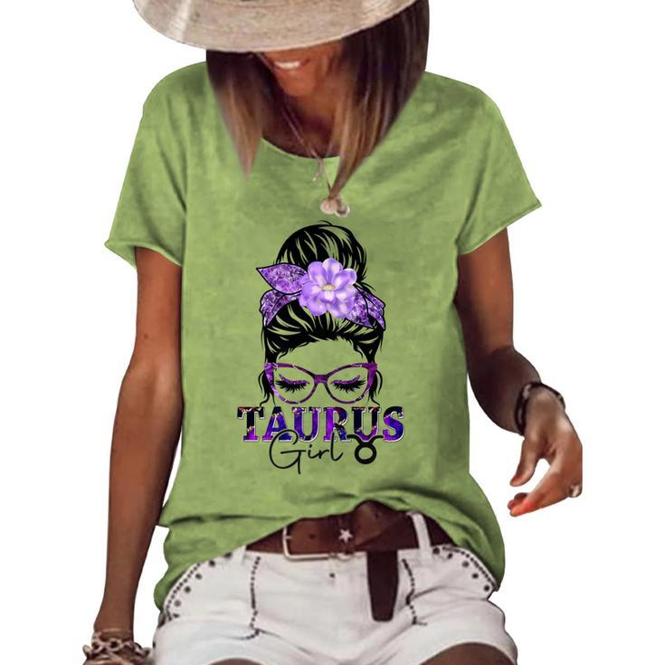 Taurus Girl Birthday Messy Bun Hair Purple Floral Women's Loose T-shirt