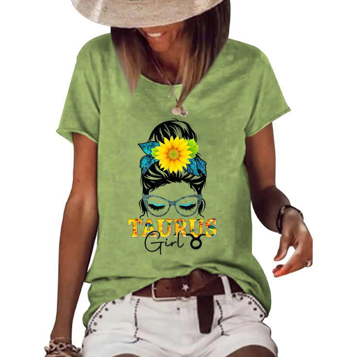 Taurus Girl Birthday Messy Bun Hair Sunflower Women's Loose T-shirt