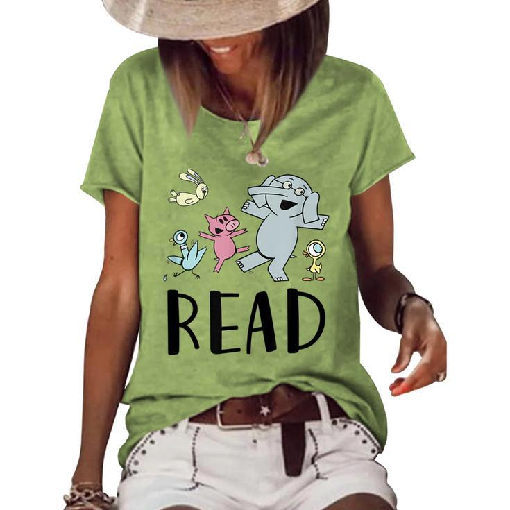 Teacher Library Funny Read Book Club Piggie Elephant Pigeons  Women's Short Sleeve Loose T-shirt