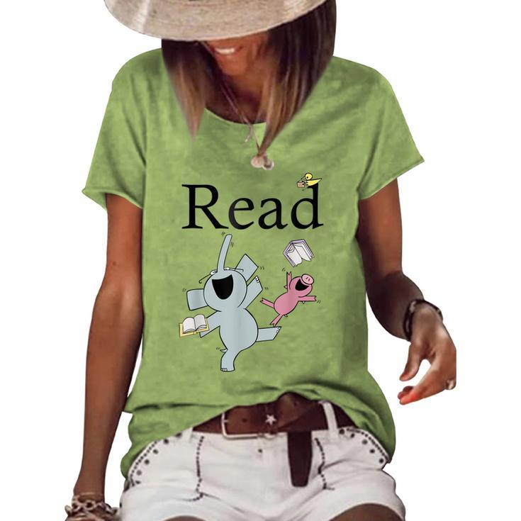 Teacher Library Read Book Club Piggie Elephant Pigeons Funny  Women's Short Sleeve Loose T-shirt