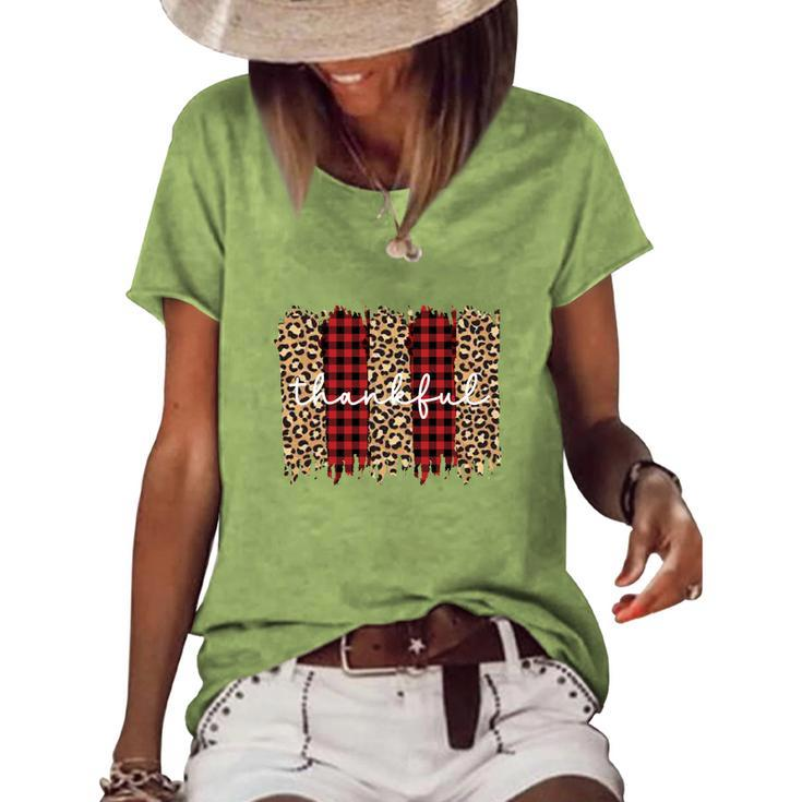 Thankful Fall Leopard Red Plaid Pattern Women's Loose T-shirt