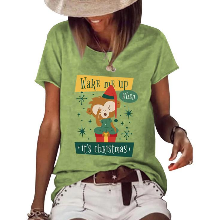 Wake Me Up When Its Christmas Monkey Cute Graphic Design Printed Casual Daily Basic Women's Short Sleeve Loose T-shirt