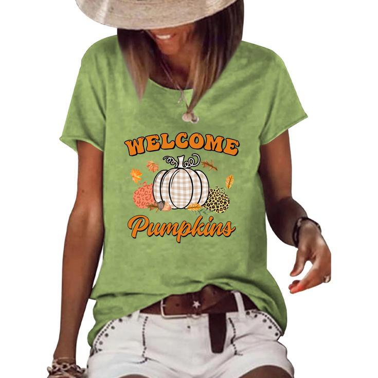 Welcome Pumpkin Leopard Plaid Autumn Fall Women's Loose T-shirt