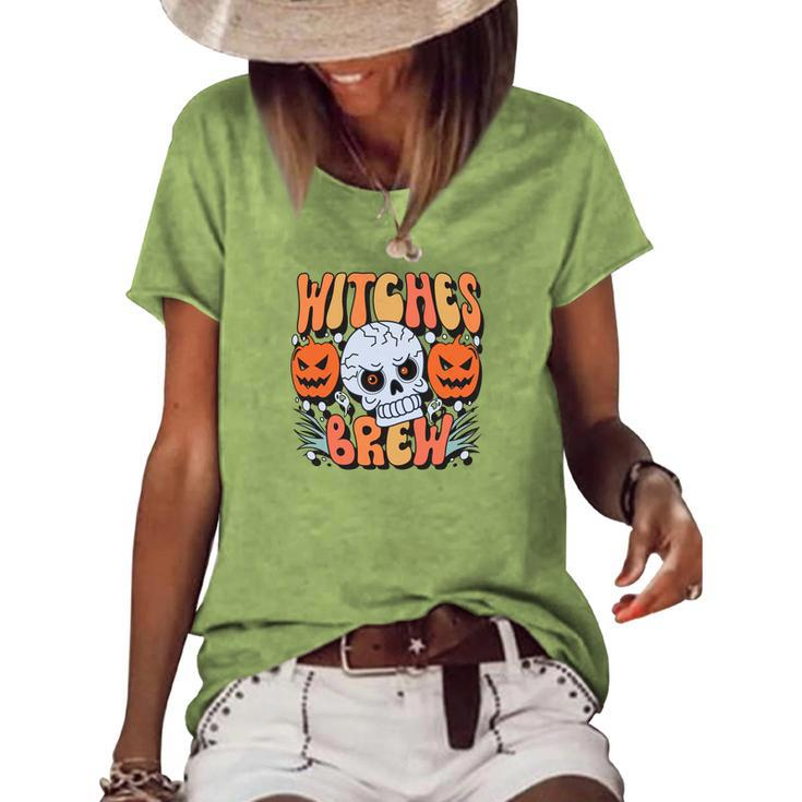 Witches Crew Pumpkin Skull Groovy Fall Women's Loose T-shirt