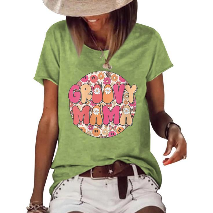 Womens Groovy Mama Hippie Retro Daisy Flower Smile Face  Women's Short Sleeve Loose T-shirt