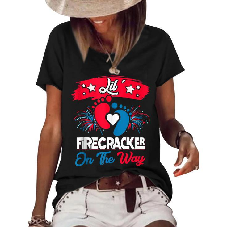 4Th Of July Pregnancy Patriotic Lil Firecracker On The Way  Women's Short Sleeve Loose T-shirt