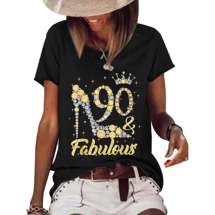 90 & Fabulous 90 Years Old 90Th Birthday Diamond Crown Shoes  Women's Short Sleeve Loose T-shirt