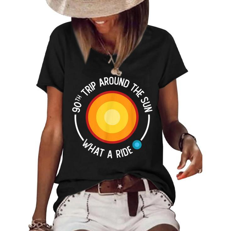 90Th Birthday Retro 90Th Trip Around The Sun What A Ride  Women's Short Sleeve Loose T-shirt