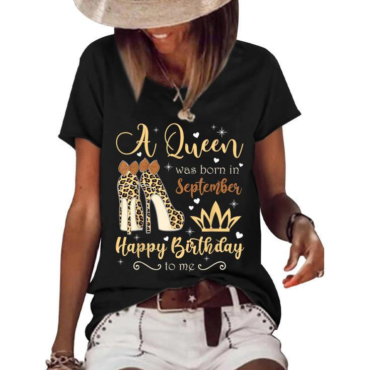 A Queen Was Born In September Birthday For Women Leopard  Women's Short Sleeve Loose T-shirt