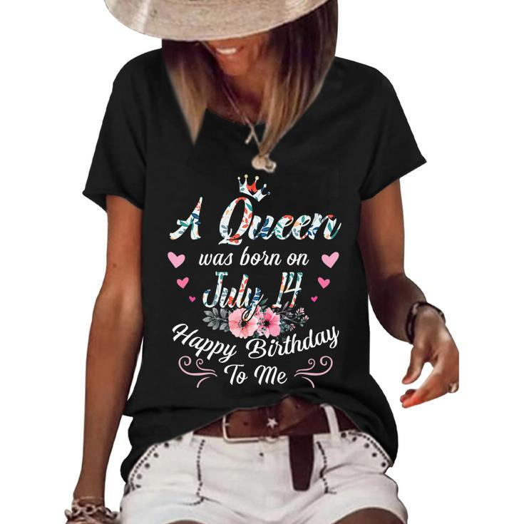 A Queen Was Born On July 14 Happy Birthday To Me Floral   Women's Short Sleeve Loose T-shirt