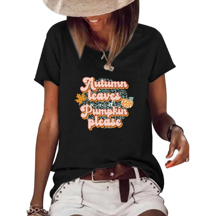 Autumn Leaves Pumpkin Please Leopard Plaid Fall Women's Short Sleeve Loose T-shirt