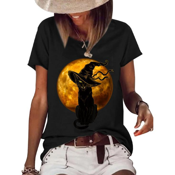 Beautiful Halloween Black Cat With Witch Hat Full Moon - Cat  Women's Short Sleeve Loose T-shirt