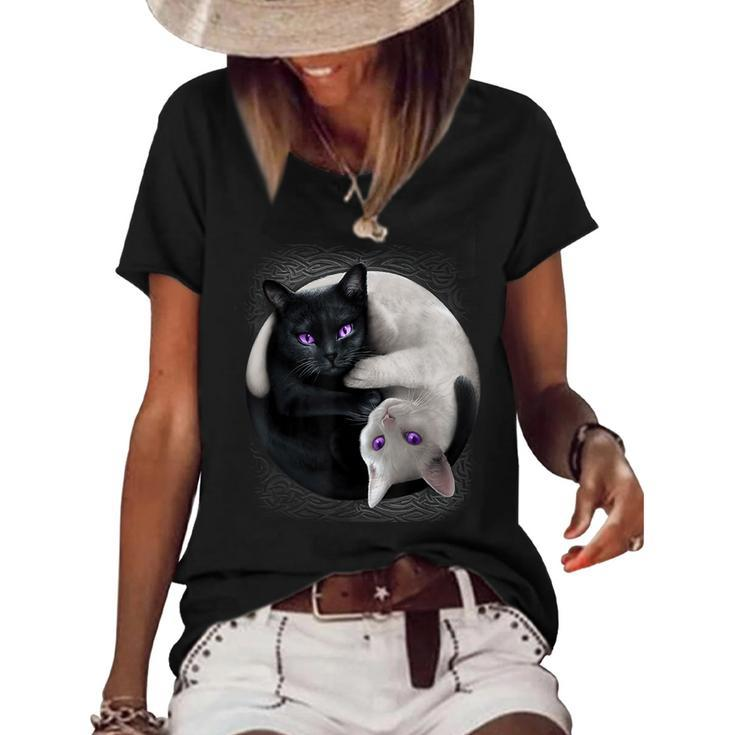 Black Cat And White Cat Yin And Yang Halloween For Men Women  Women's Short Sleeve Loose T-shirt