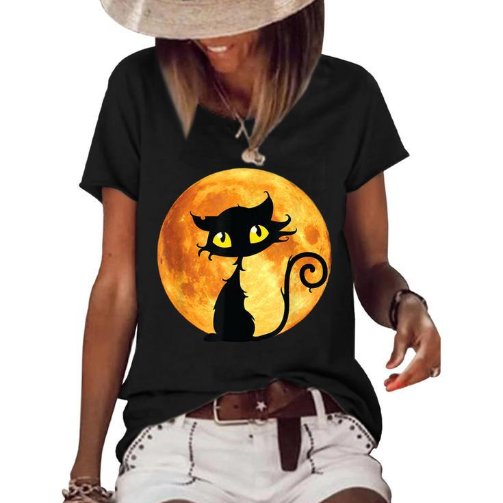 Black Cat Full Moon Halloween Cool Funny Ideas For Holidays  Women's Short Sleeve Loose T-shirt