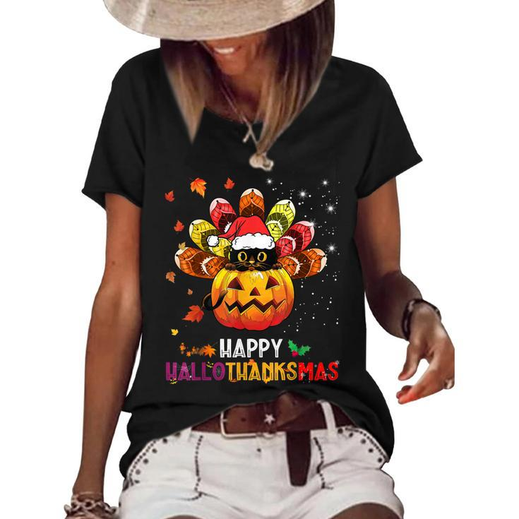 Black Cat Halloween And Merry Christmas Happy Hallothanksmas  Women's Short Sleeve Loose T-shirt