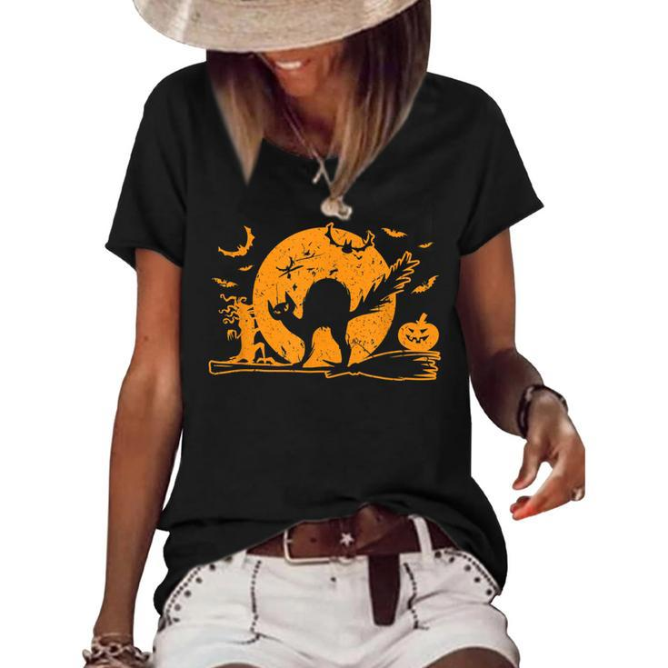 Black Cat Halloween Pet Lover Scary Funny  Women's Short Sleeve Loose T-shirt