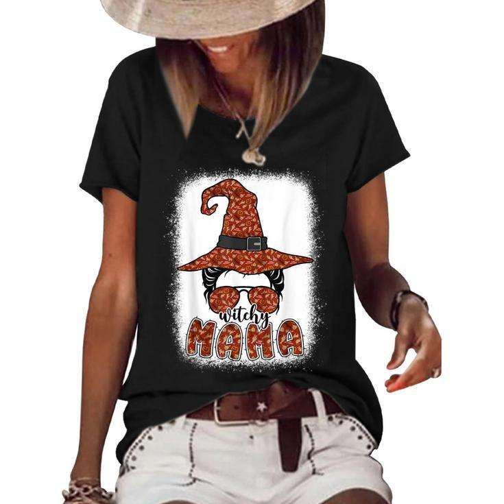 Bleached Witchy Mama Halloween Messy Bun Witch Mom Spooky  Women's Short Sleeve Loose T-shirt