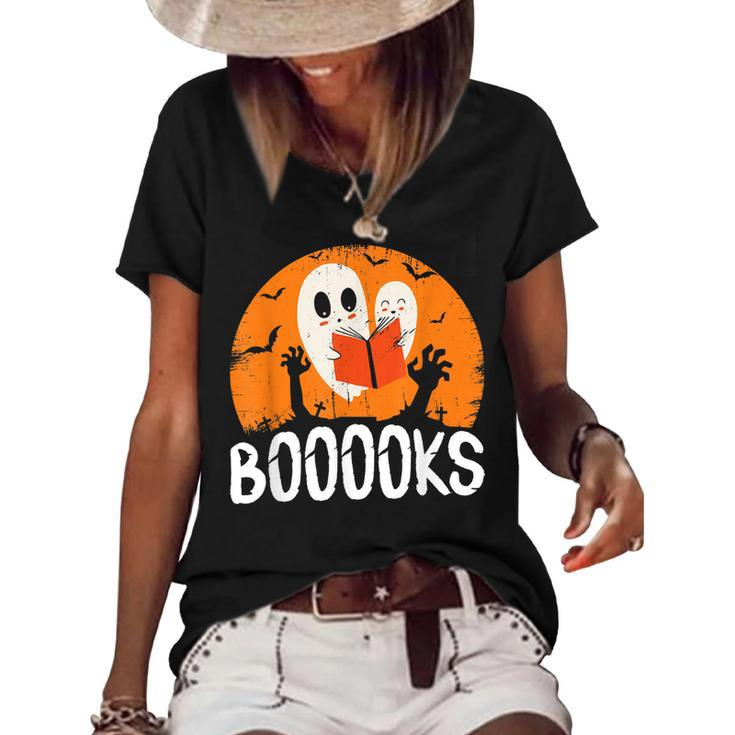 Boooks Funny Halloween Ghost Bookworm Spooky Season Reading  Women's Short Sleeve Loose T-shirt