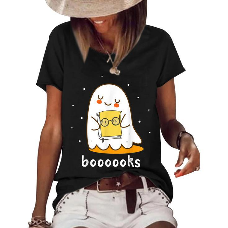 Booooks Cute Ghost Reading Library Books Halloween Teacher  Women's Short Sleeve Loose T-shirt