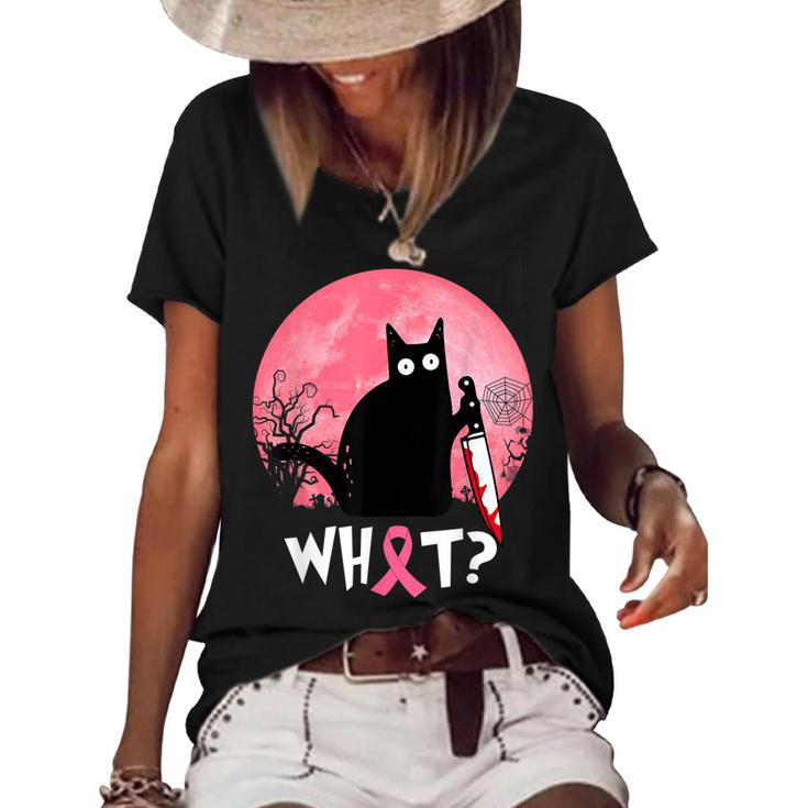 Breast Cancer Black Cat What Halloween Cat With Knife  Women's Short Sleeve Loose T-shirt