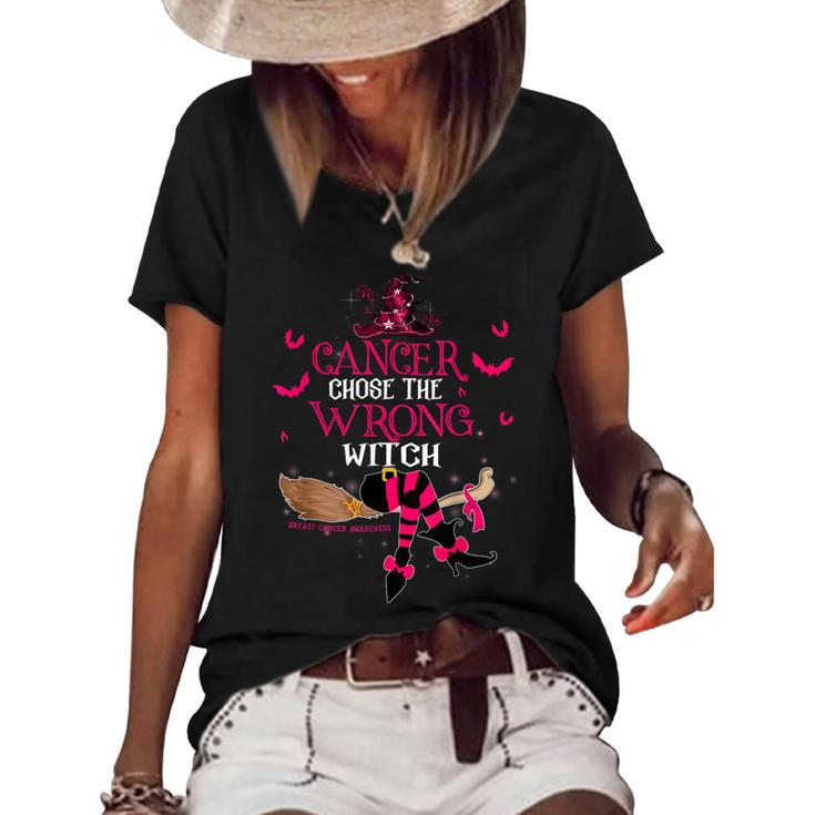 Breast Cancer Chose The Wrong Witch Breast Cancer Halloween  Women's Short Sleeve Loose T-shirt