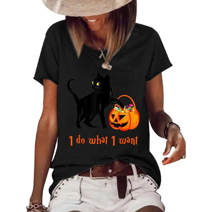 Cat I Do What I Want Halloween Candy Pumpkin Bag Black Cat  Women's Short Sleeve Loose T-shirt
