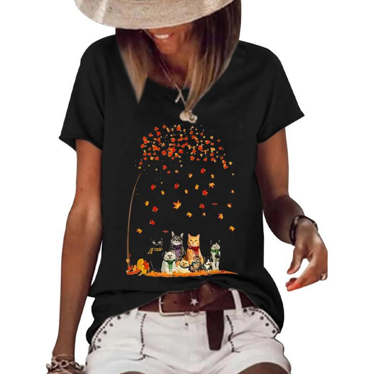Cats Fall Autumn Leaf Tree Funny Cat Lovers Gifts  Women's Short Sleeve Loose T-shirt
