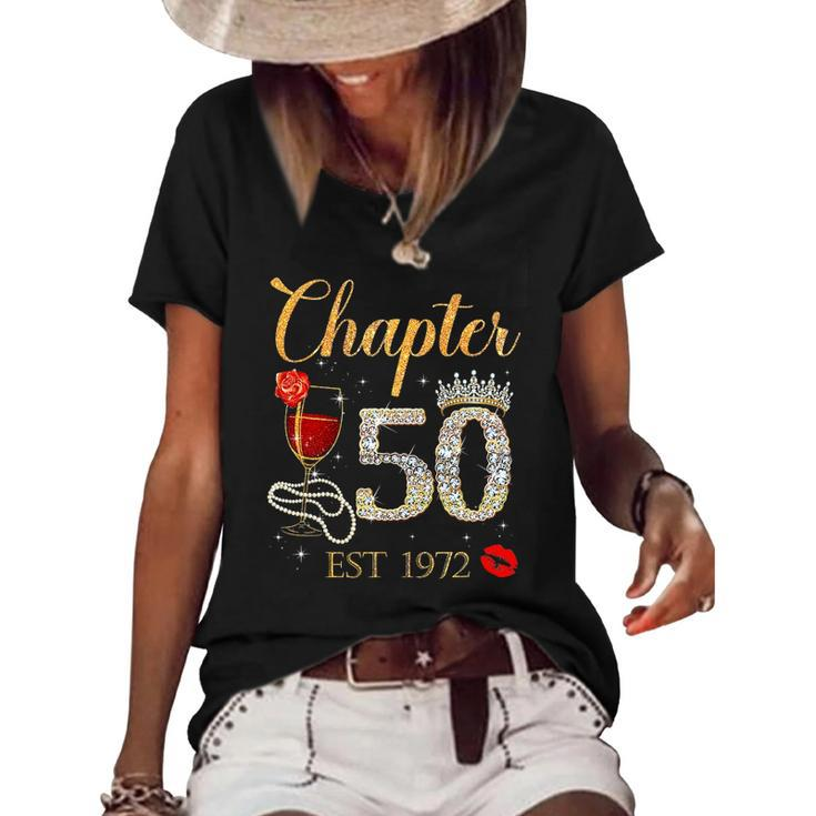 Chapter 50 Years Est 1972 50Th Birthday Red Rose Wine Crown Women's Short Sleeve Loose T-shirt