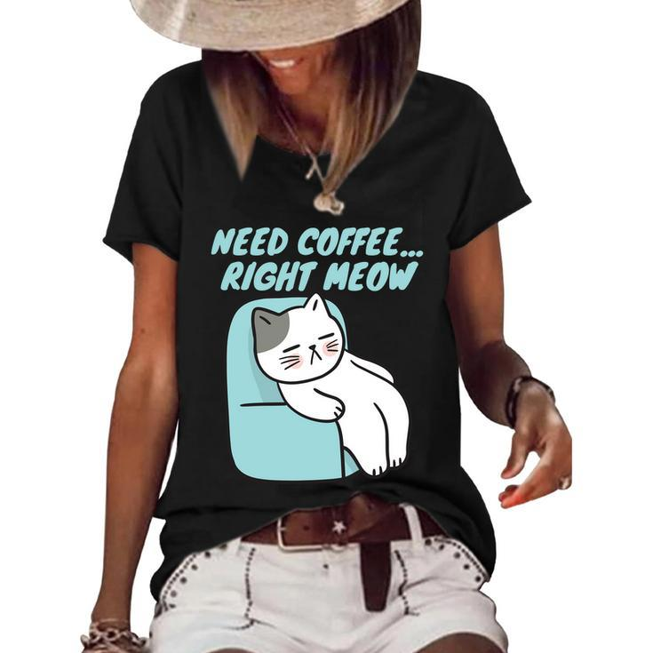 Coffee Right Meow International Coffee Day Sleepy Cat Women's Short Sleeve Loose T-shirt