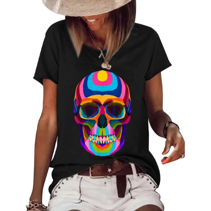 Colorful Sugar Skeleton Scull Halloween Party Costume   Women's Short Sleeve Loose T-shirt