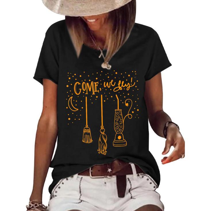 Come We Fly Witch Mop Broom Vacuum Flying Halloween Night Women's Short Sleeve Loose T-shirt