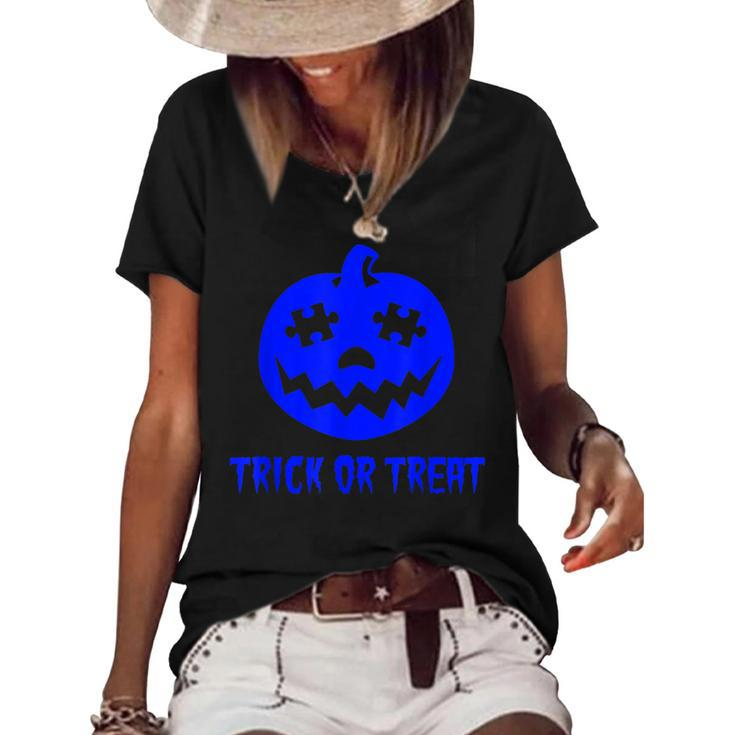 Cool Trick Or Treat Blue Autism Awareness Pumpkin Halloween  Women's Short Sleeve Loose T-shirt
