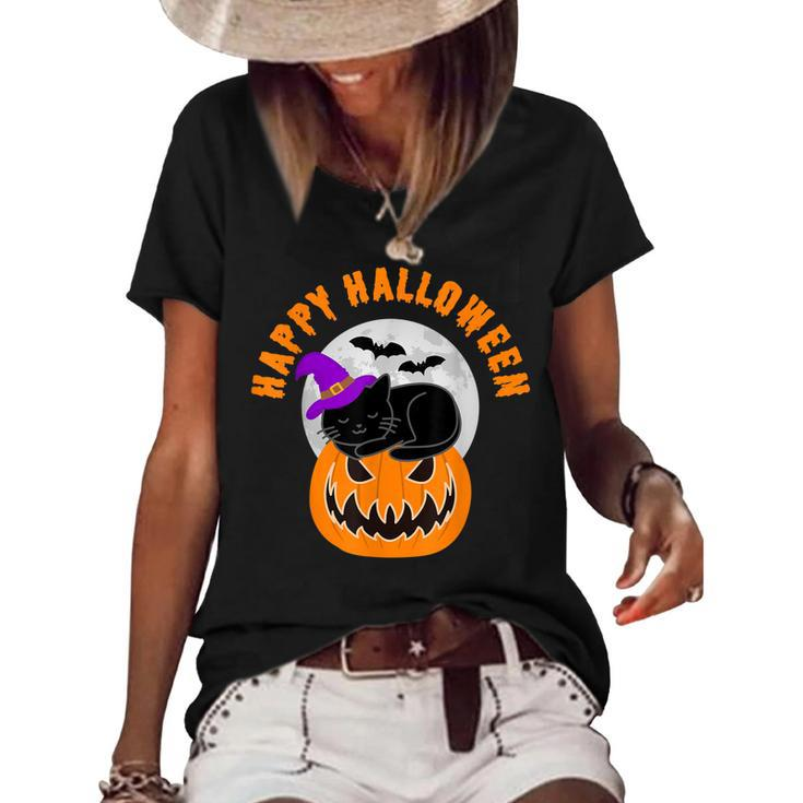Cute Black Cat Witch Scary Pumpkin Happy Halloween  Women's Short Sleeve Loose T-shirt
