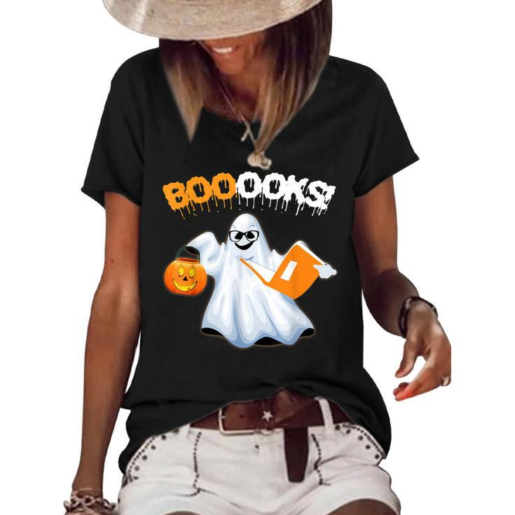 Cute Booooks Ghost Boo Read Books Library Teacher Halloween  Women's Short Sleeve Loose T-shirt