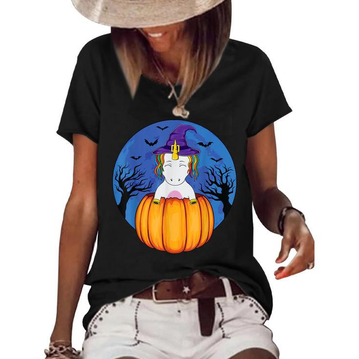 Cute Unicorn Wearing Witch Hat Halloween Pumpkin Girls Kids  Women's Short Sleeve Loose T-shirt