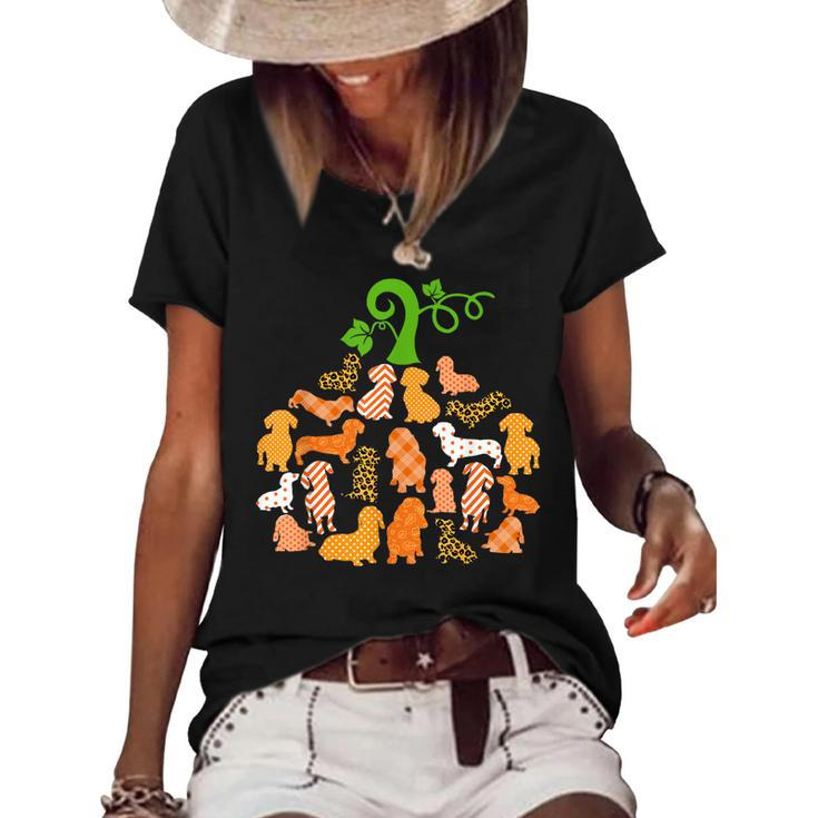 Dachshund Pumpkin Shape Plaid Leopard Dog Autumn Halloween  Women's Short Sleeve Loose T-shirt