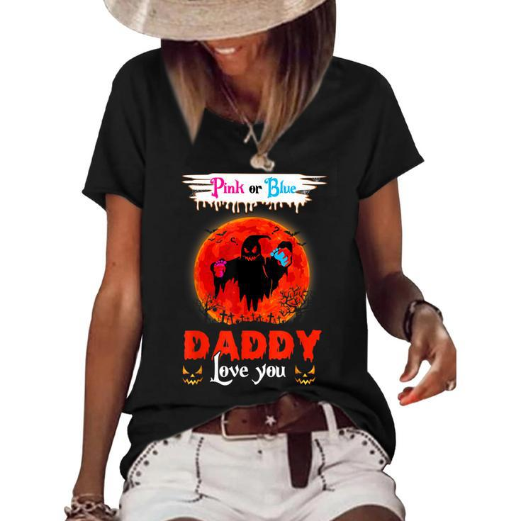 Daddy Pink Or Blue Gender Reveal Moon Witch Halloween Party  Women's Short Sleeve Loose T-shirt