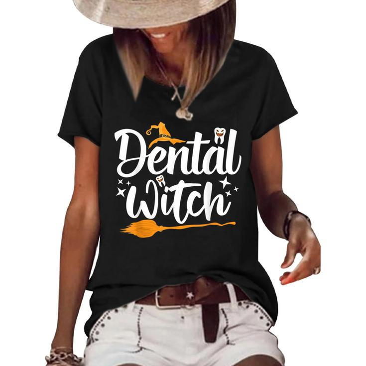 Dental Witch Hats Halloween Broom Stick Ghost Dentist  Women's Short Sleeve Loose T-shirt