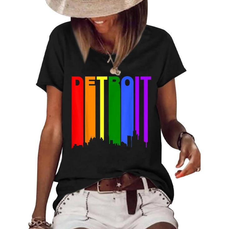 Detroit Michigan Rainbow Skyline Lgbt Gay Pride  Women's Short Sleeve Loose T-shirt