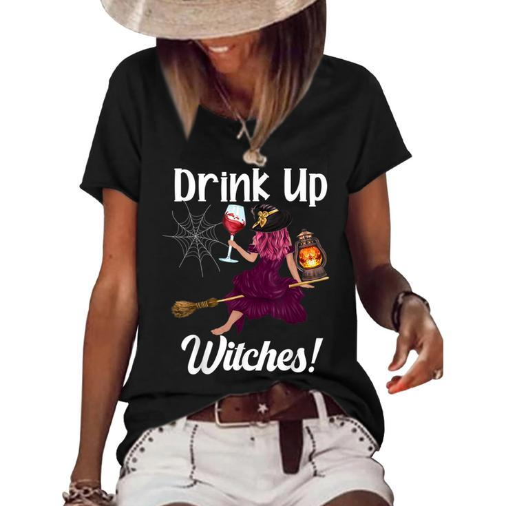 Drink Up Witches Funny Witch With Big Wine Glass Halloween  Women's Short Sleeve Loose T-shirt