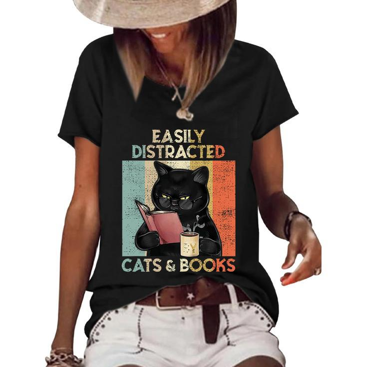 Easily Distracted By Cats And Books For Cat Lovers Women's Short Sleeve Loose T-shirt