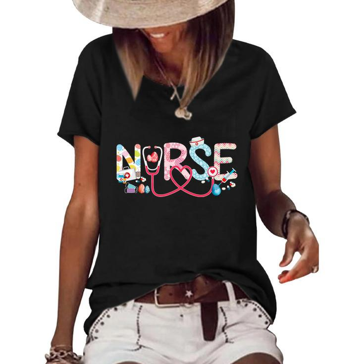 Easter Nurse Stethoscope Scrub Nurse Life Easter Bunny Eggs Gift Women's Short Sleeve Loose T-shirt