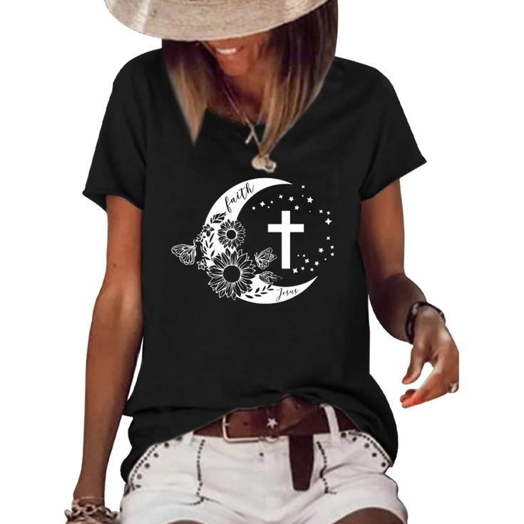 Faith Cross Crescent Moon With Sunflower Christian Religious Women's Short Sleeve Loose T-shirt