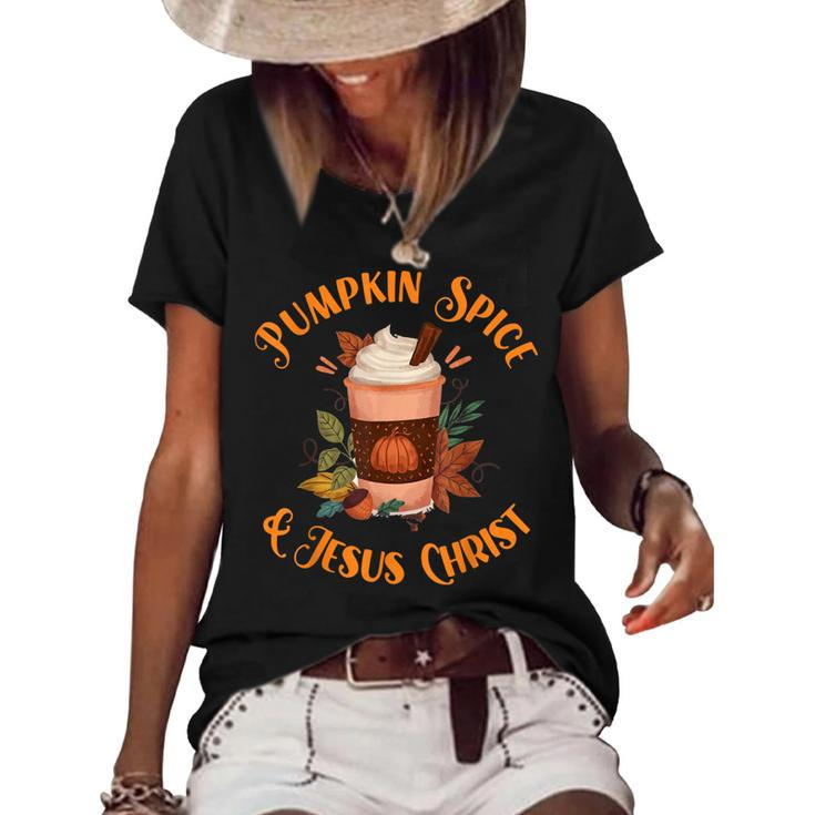 Fall Season Cute Pumpkin Spice And Jesus Christ Thanksgiving  Women's Short Sleeve Loose T-shirt