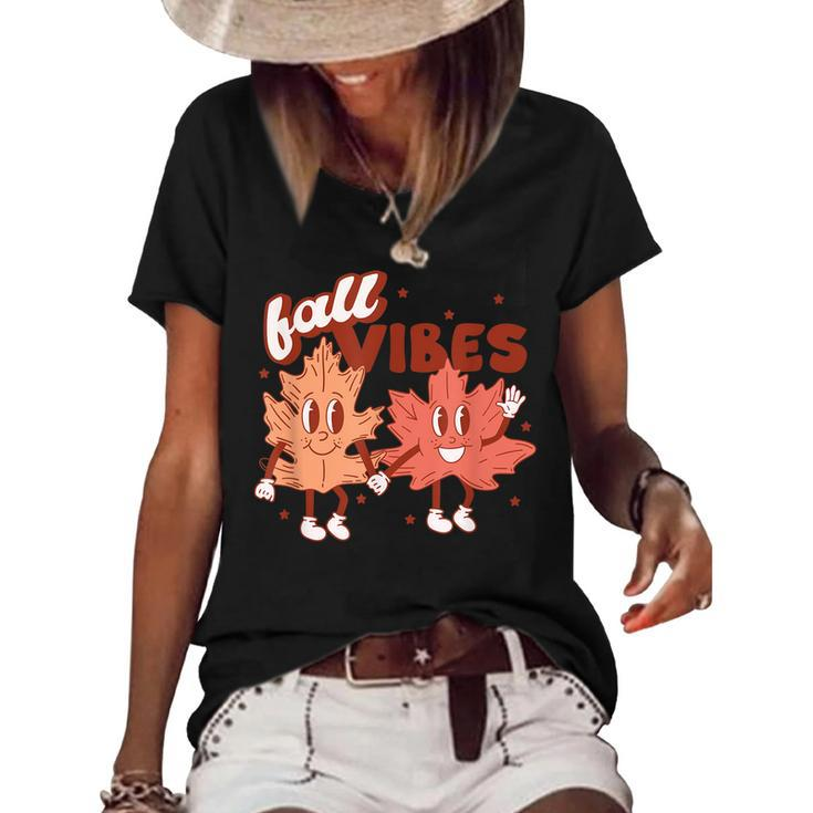 Fall Vibes Pumpkins Funny Leaves Autumn Vibes Red With Gold  Women's Short Sleeve Loose T-shirt