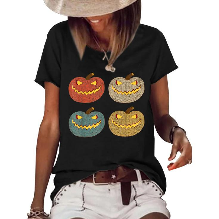 Four Scary Glowing Pumpkins Halloween Jack O Lantern Fall  Women's Short Sleeve Loose T-shirt