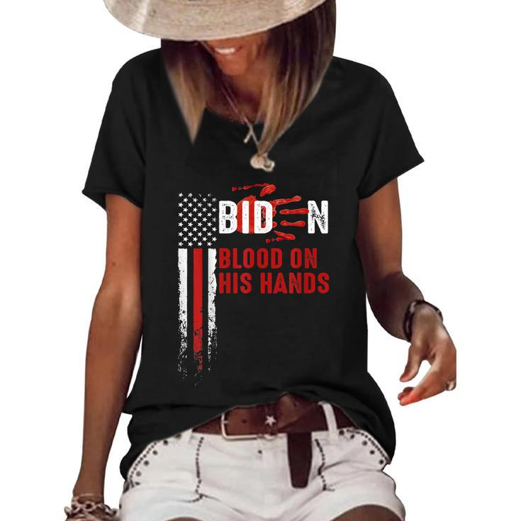 Funny Anti Biden Blood On His Hands Anti Joe Biden Bloody Handprint Usa Flag Women's Short Sleeve Loose T-shirt